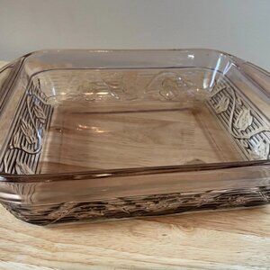 Vintage Pink Glass Square Casserole Dish Floral Wavy Ovenproof 8.5"